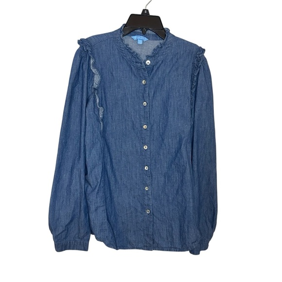 Draper James Blue Button Down Shirt with Ruffles size medium - Picture 1 of 11